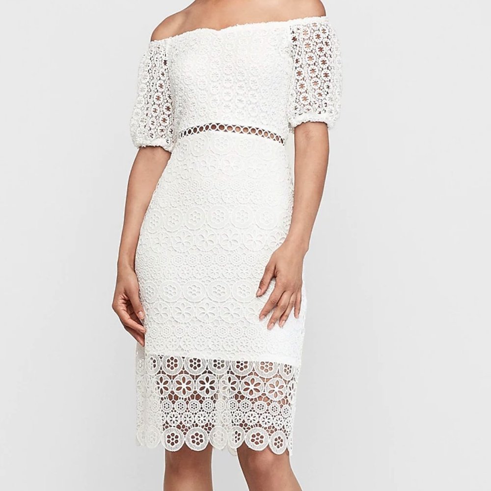 Express Off Shoulder Crochet White Lace Dr…